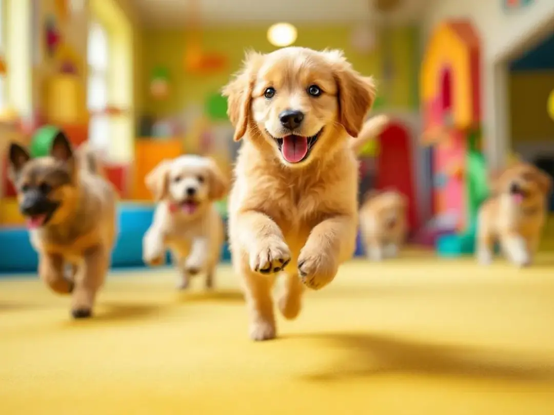 A happy young puppy joyfully plays with several adult dogs at a doggy daycare facility, showcasing the social...