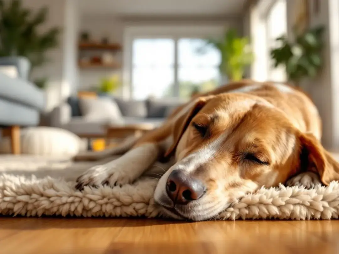 A calm and confident adult dog is resting peacefully on a soft dog bed in a cozy home environment, showcasing the...