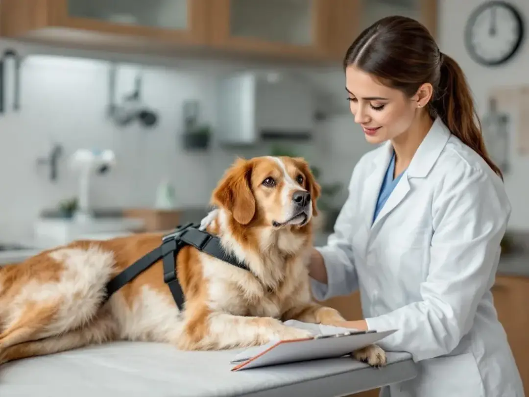 A veterinarian is examining a female dog during a routine reproductive health check, focusing on her reproductive cycle...