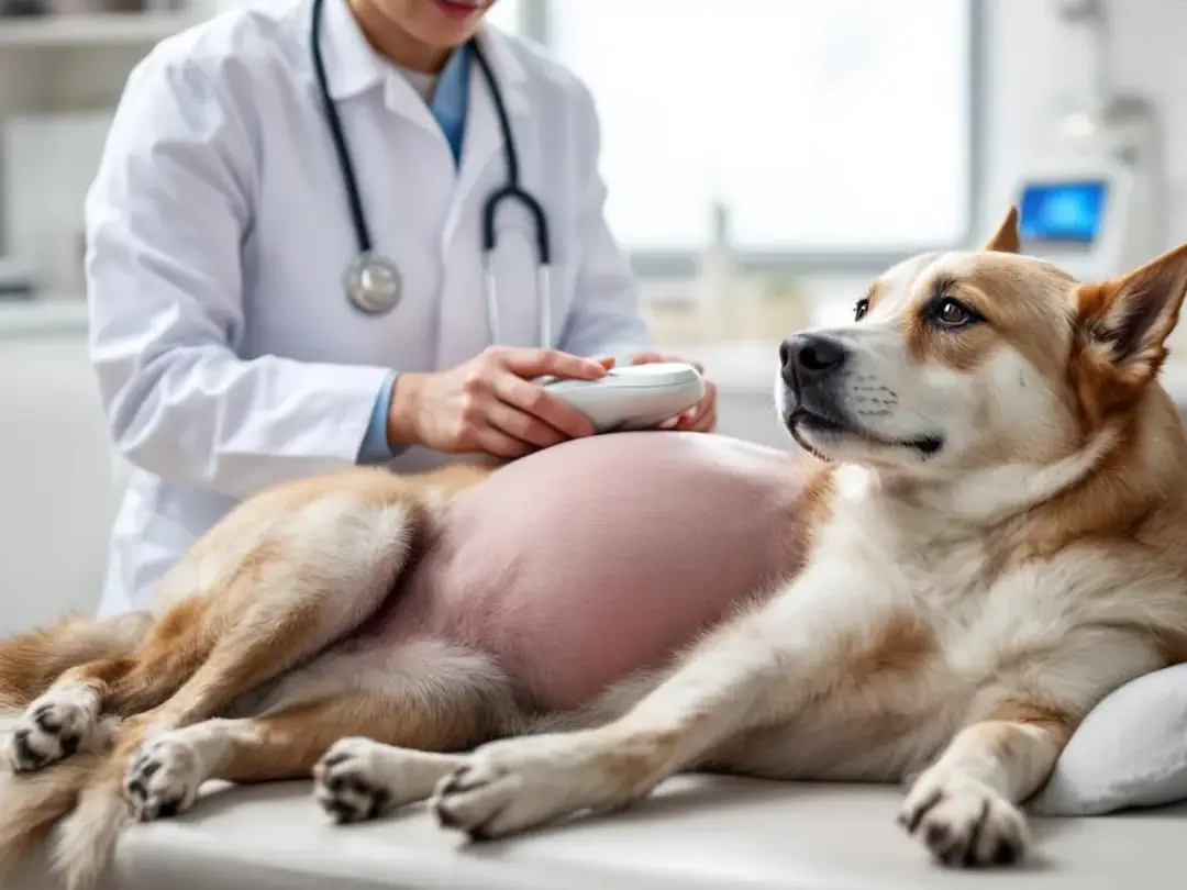 A veterinarian is performing an ultrasound examination on a pregnant dog, gently placing the ultrasound probe on her...