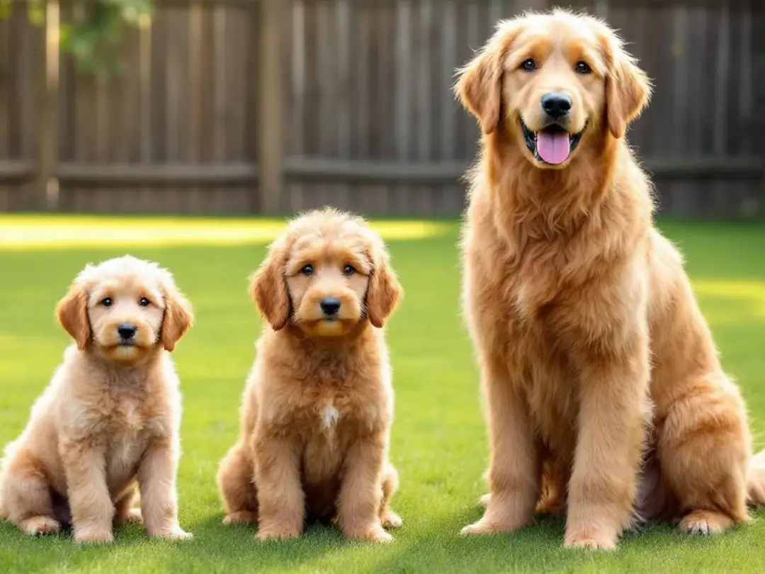 The image displays a size comparison of mini, medium, and standard Goldendoodles standing side by side, showcasing...