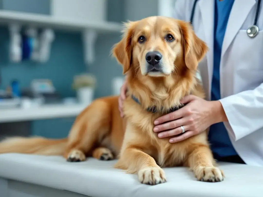 A goldendoodle is being gently examined by a veterinarian, showcasing the importance of regular veterinary check-ups...
