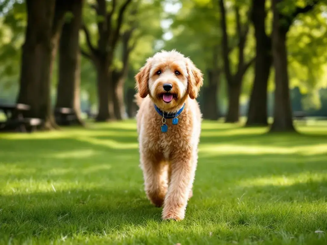 A senior Goldendoodle enjoys a gentle walk in a park, showcasing its friendly demeanor and healthy weight. This lovable...