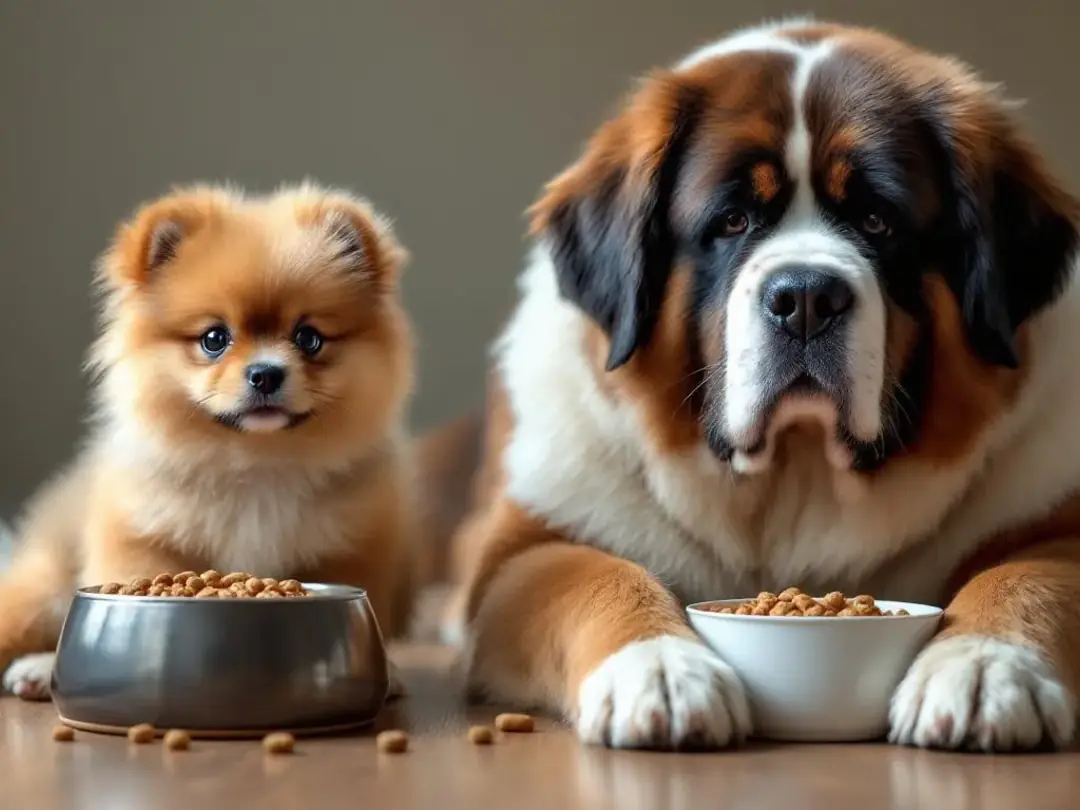 In the image, a small breed puppy and a large breed puppy are side by side, both enjoying their meals of puppy food...