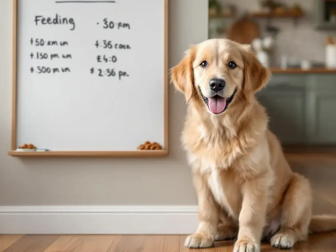 A happy puppy sits next to a colorful feeding schedule chart on a kitchen wall, which outlines the recommended puppy...