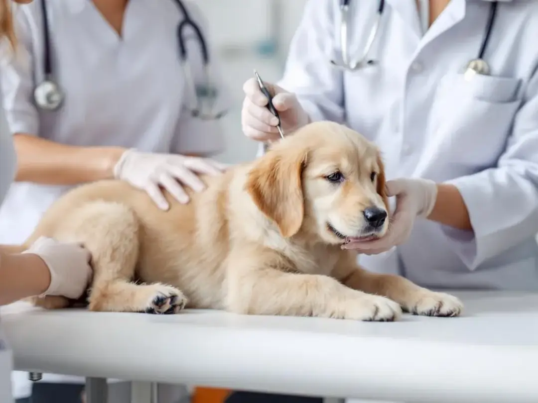 A goldendoodle puppy is being gently examined by a veterinarian, highlighting the importance of veterinary care and...