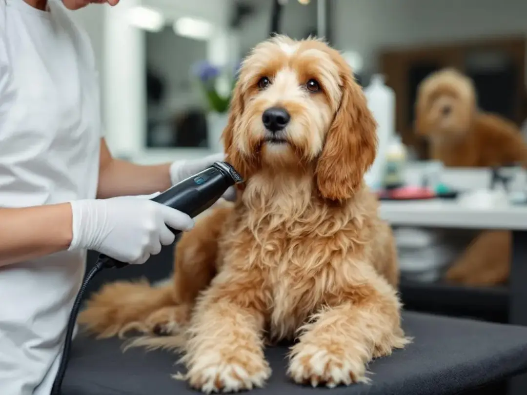 A goldendoodle is being professionally groomed, showcasing the ongoing maintenance requirements of this popular breed...