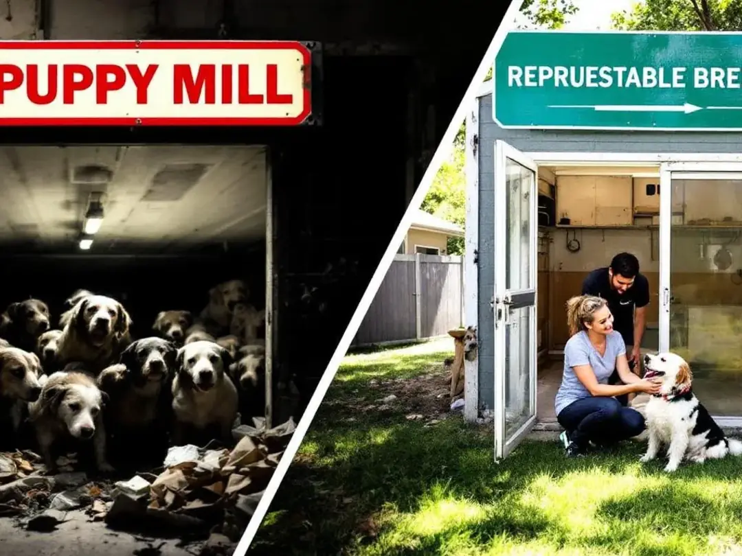 In this image, contrasting visuals depict the harsh conditions of puppy mills, such as cramped cages and neglected...