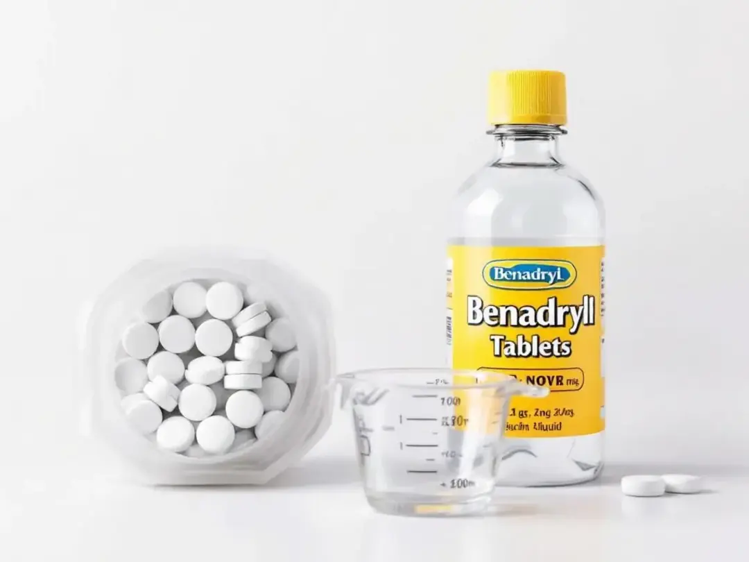 The image displays various forms of Benadryl, including tablets and liquid bottles, alongside measuring tools, all...