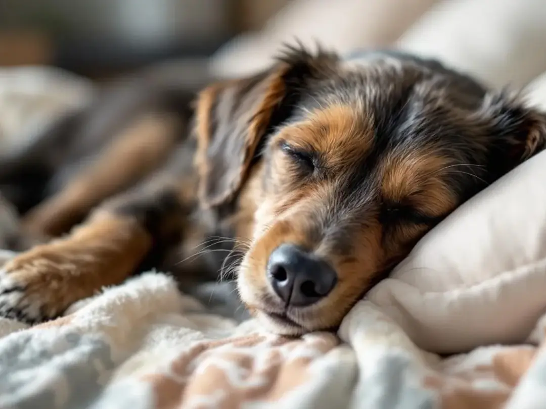 A calm dog rests peacefully, exhibiting the mild sedative effects of a proper Benadryl treatment, which helps alleviate...