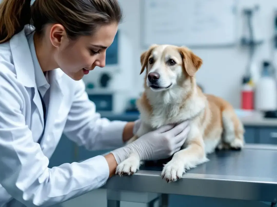 A veterinarian is examining a healthy medium-sized dog during a consultation focused on managing allergy symptoms...