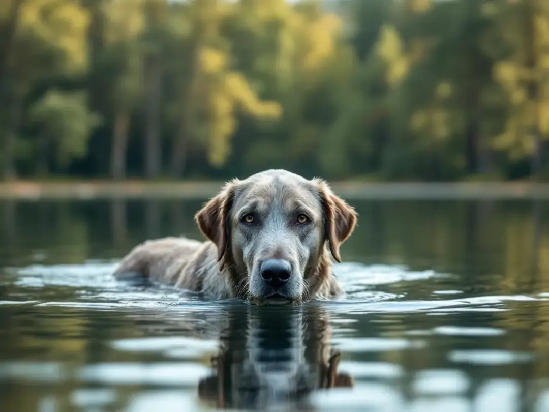 An older dog is swimming gently in a calm lake, enjoying a leisurely moment that provides both physical exercise and...
