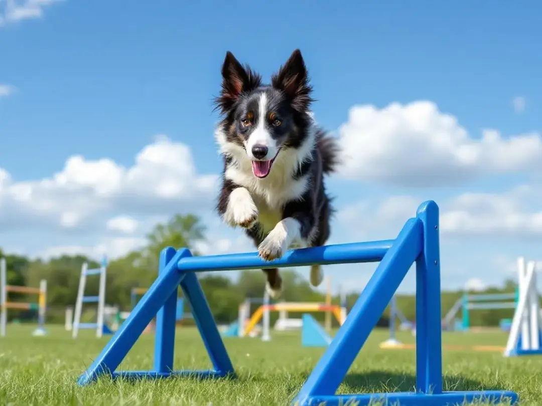 A Border Collie is energetically running through an agility course, showcasing its agility and speed, which is...