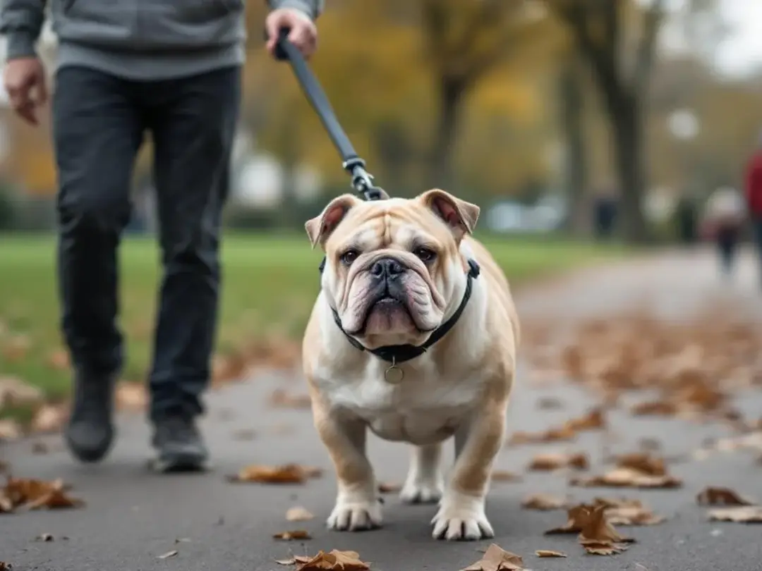 A bulldog is walking slowly on a leash during cool weather, showcasing the importance of regular exercise for adult...