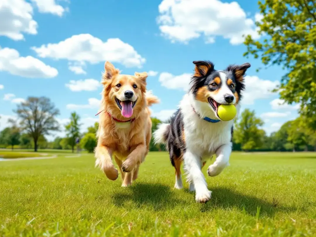 In the image, several dogs of various breeds are joyfully playing together in a dog park, engaging in activities that...