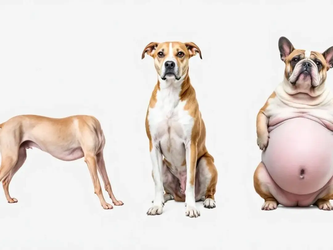 In the image, a side-by-side comparison illustrates dogs at various body condition scores, ranging from underweight to...