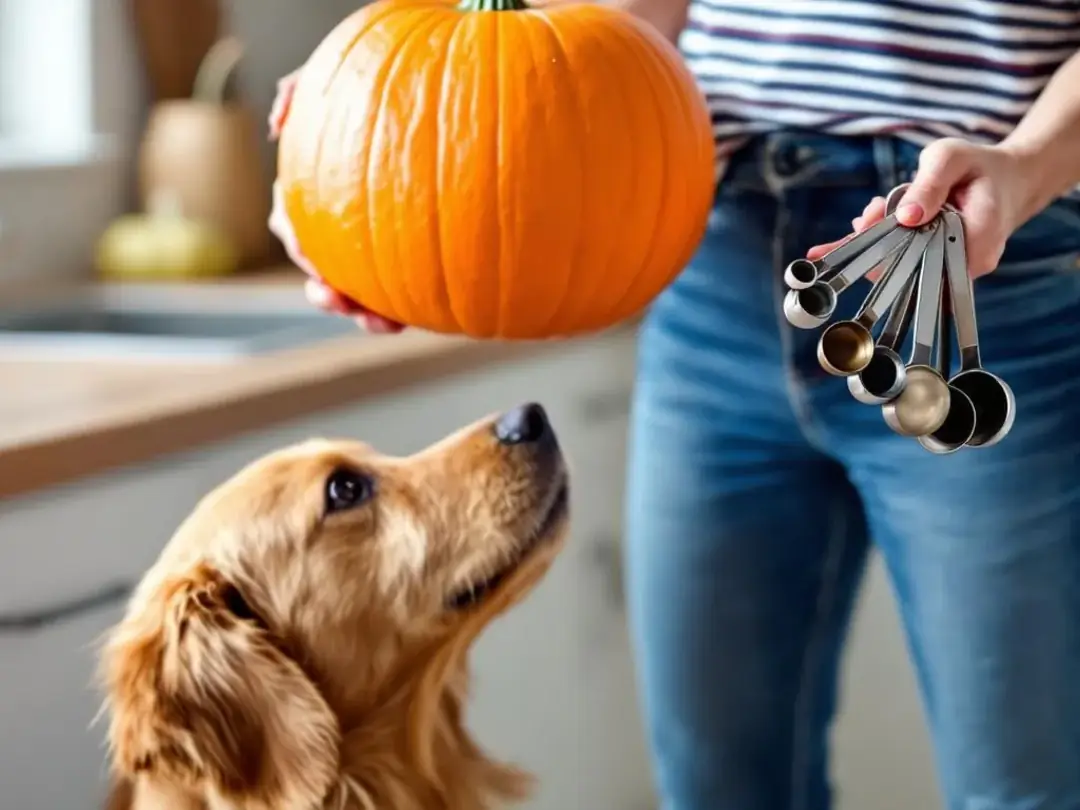 A dog owner is measuring plain canned pumpkin with kitchen measuring spoons, while their dog watches closely, eager to...