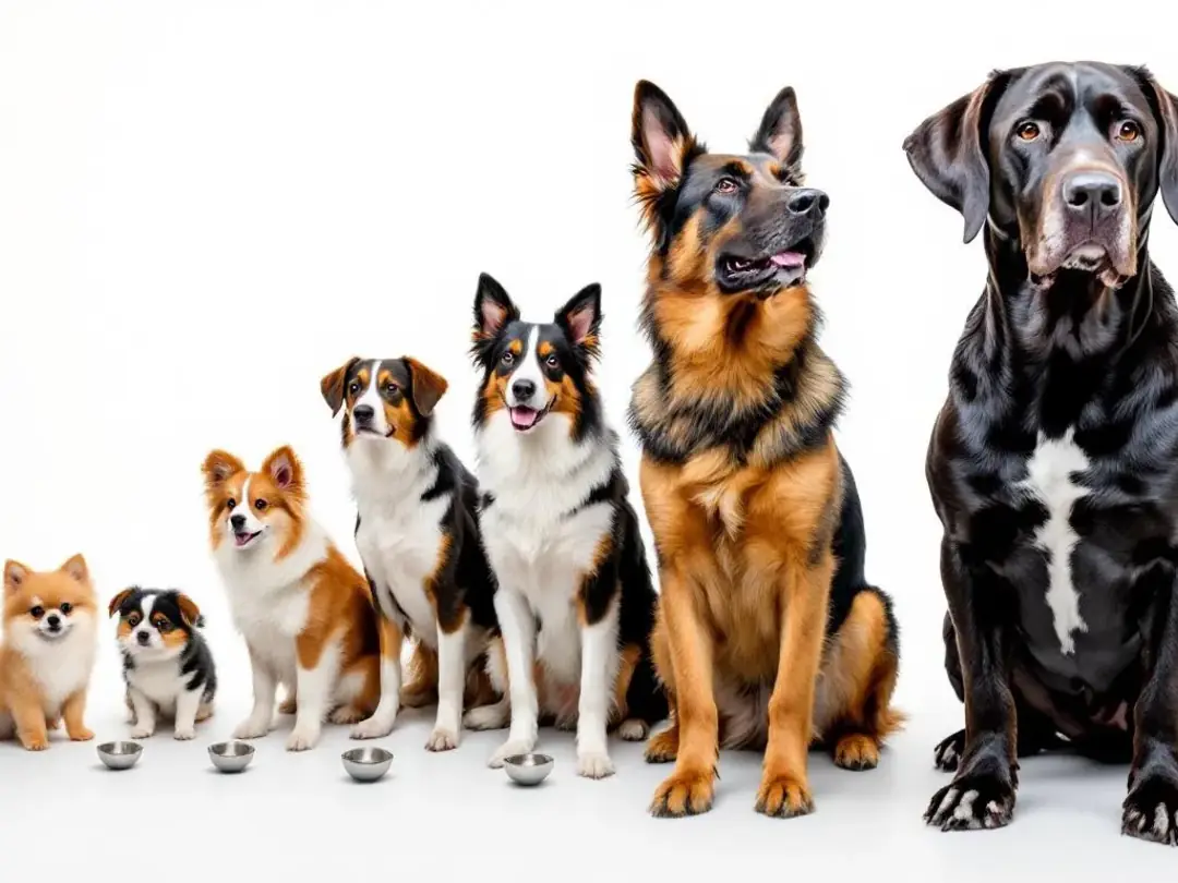 In the image, a variety of dogs, ranging from small breeds to large breeds, are lined up next to measuring spoons of...