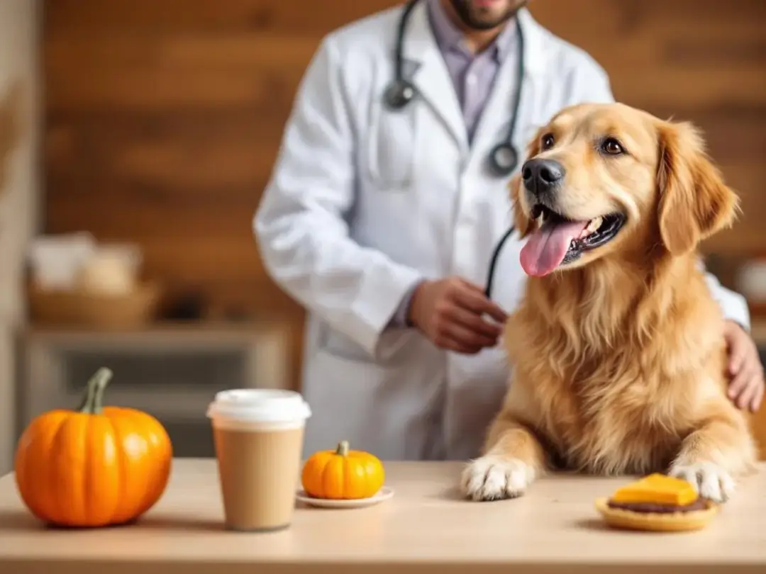 A veterinarian is examining a cheerful dog, while various pumpkin products, including plain canned pumpkin and pumpkin...