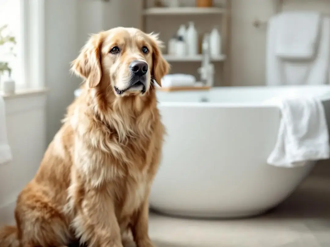 A calm golden retriever sits beside a bathtub, surrounded by towels and dog shampoo, ready for bath time. The dog's...
