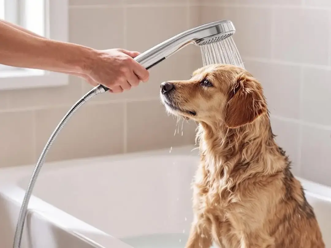 A person is using a handheld shower head to wet a medium-sized dog in a bathtub, preparing for the bathing process with...