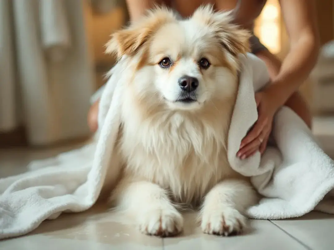A fluffy dog with long hair is being gently dried with a large towel after a bath, showcasing its clean coat and...