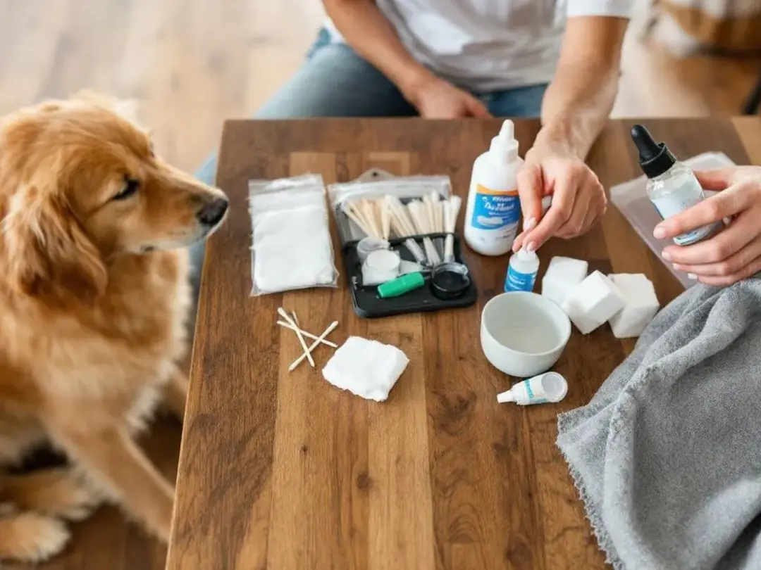 The image shows a Goldendoodle sitting calmly next to its owner, who is preparing ear cleaning supplies such as an ear...