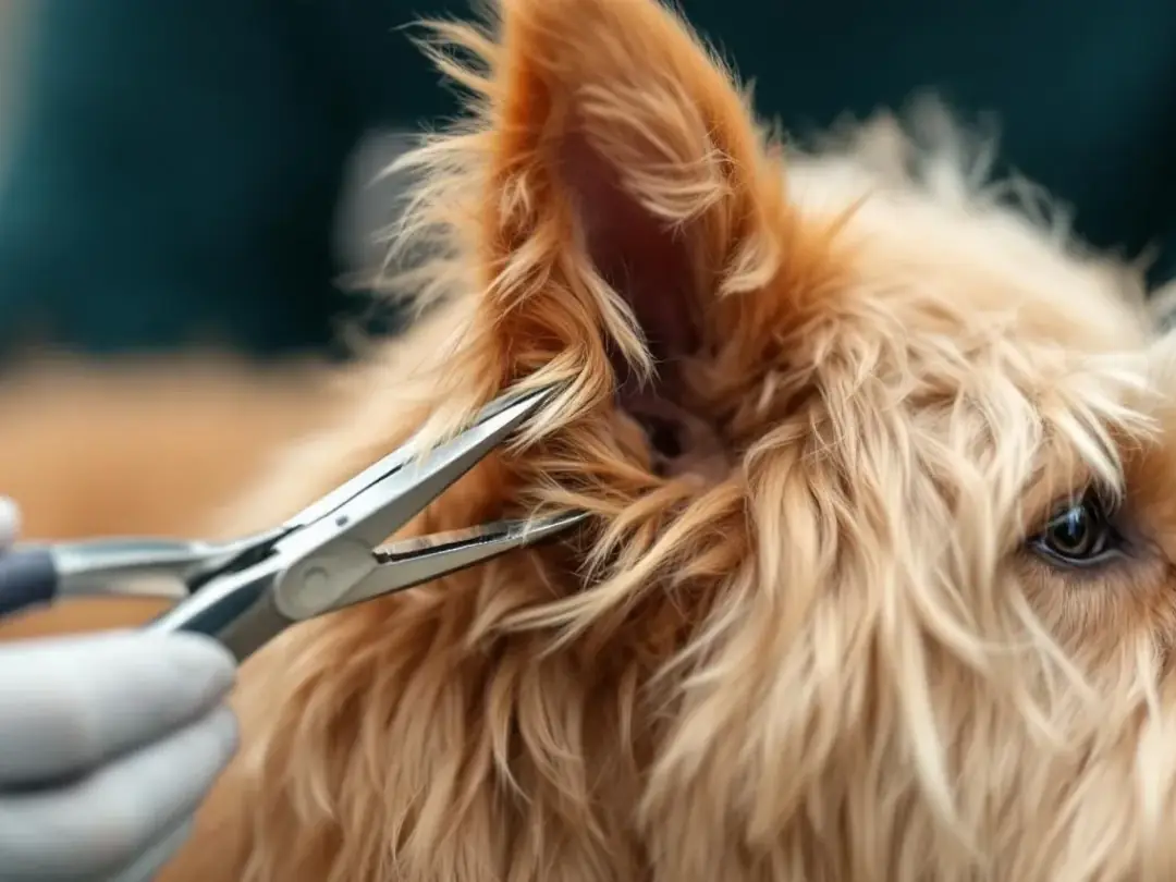 In this close-up image, a person is demonstrating the proper hair plucking technique on a Goldendoodle's ear using...