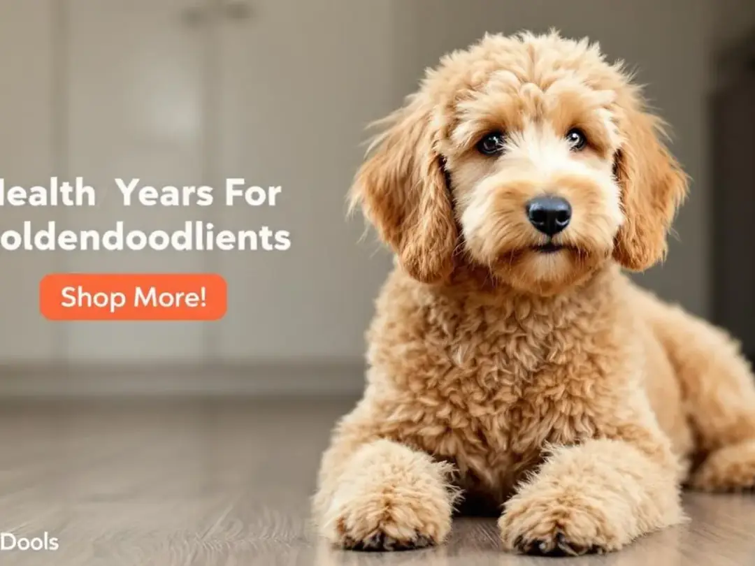 A content Goldendoodle with clean, healthy ears sits happily after a grooming session, showcasing its floppy ears that...