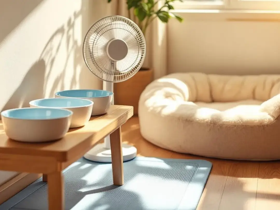 A cozy indoor space features multiple water bowls filled with fresh, cool water, a cooling mat for comfort, and a fan...