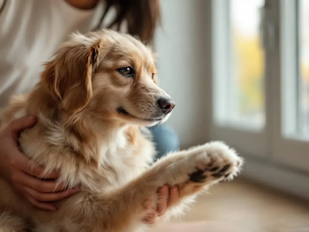 A person is gently touching the paw of a calm dog, who appears relaxed and comfortable, suggesting a positive...