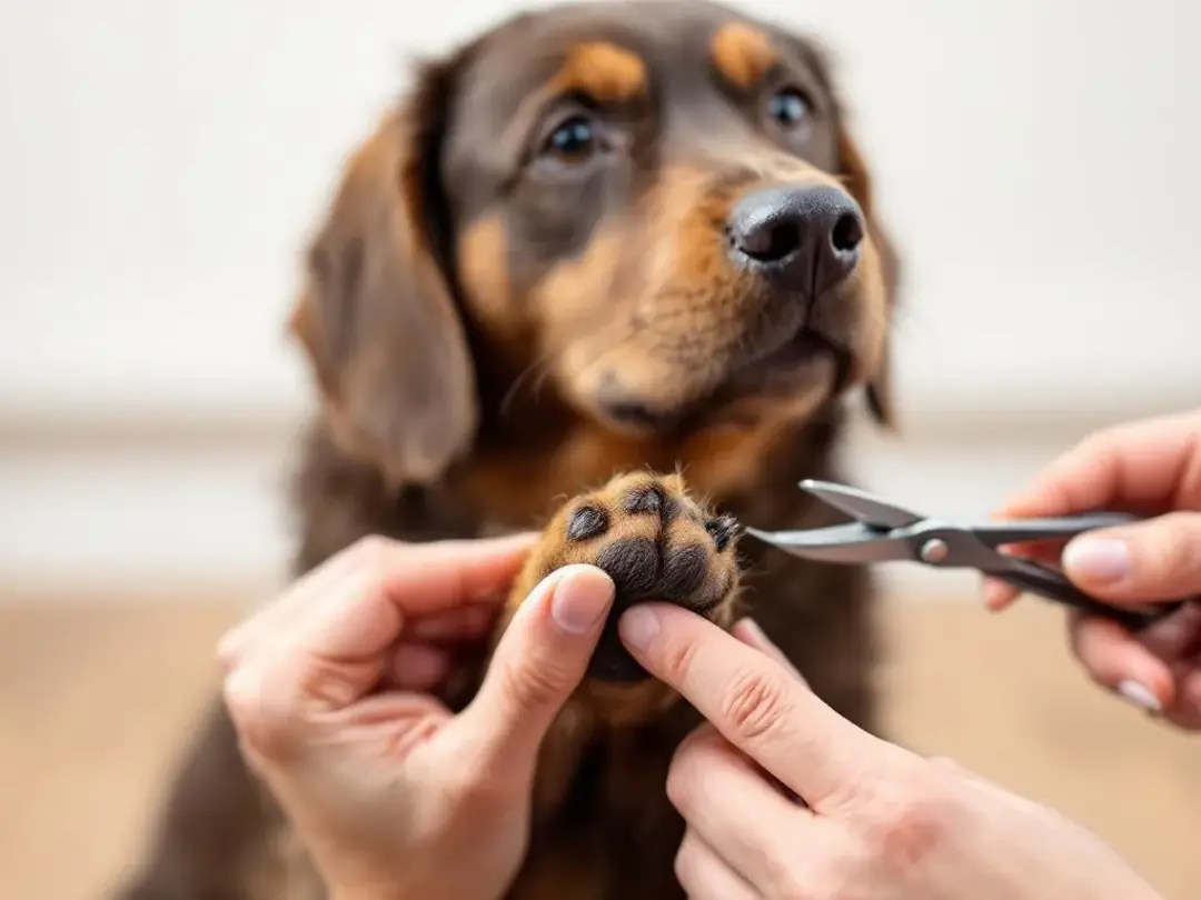 A person is gently holding a dog's paw in the proper position while using nail clippers to trim one of the dog's nails...