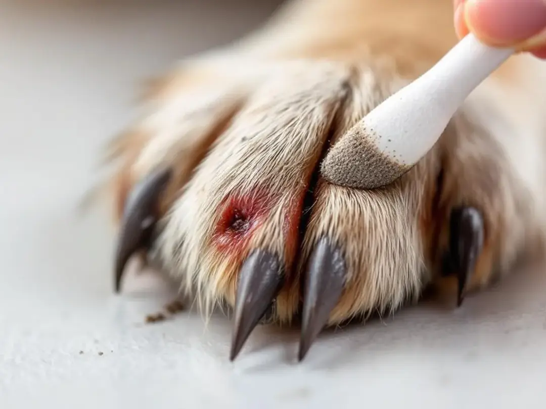 In the image, a person is applying styptic powder to a dog's nail that is bleeding after an accidental cut during nail...
