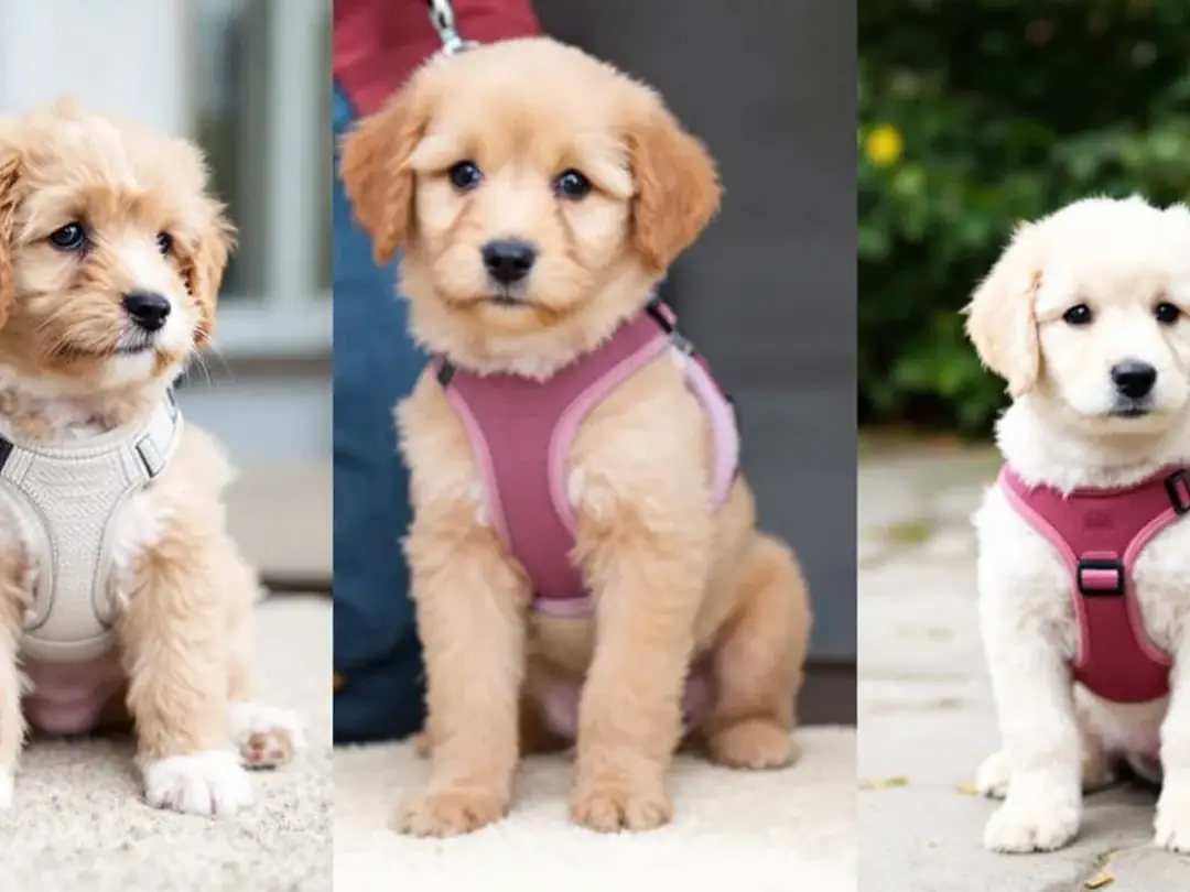 The image depicts a growing puppy at various stages of development, illustrating how the fit of a dog harness changes...