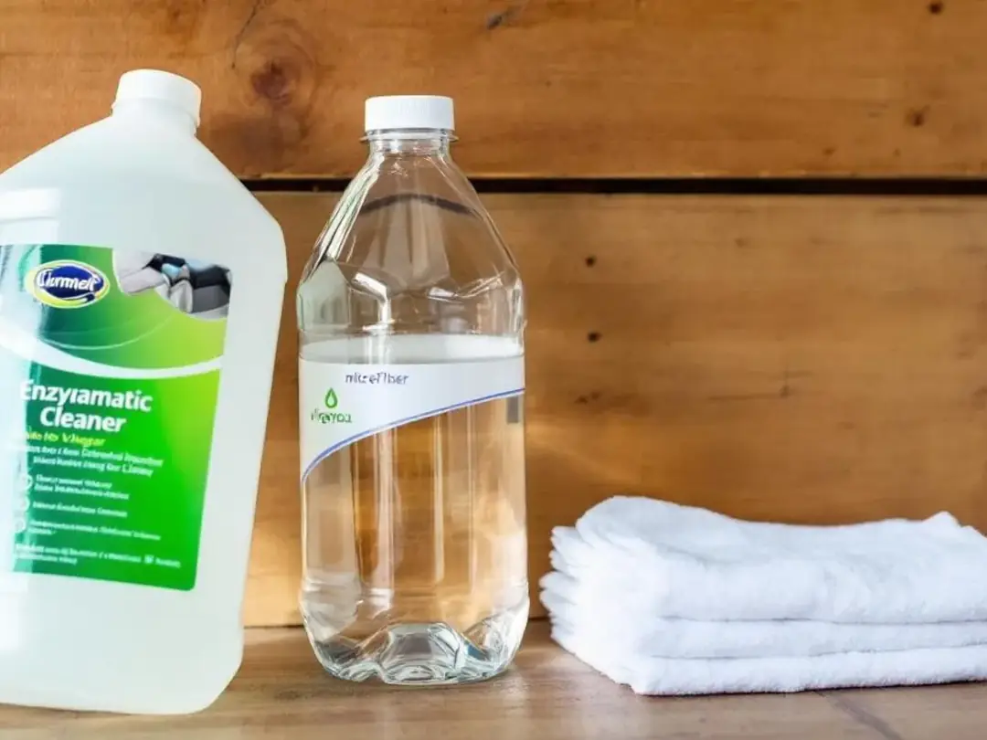 The image features an assortment of carpet cleaning supplies, including a spray bottle of enzymatic cleaner, white...