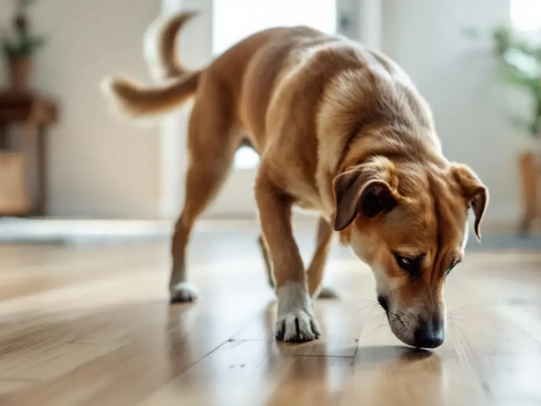 A restless dog is sniffing the ground indoors, displaying classic signs that it needs to go potty, such as circling and...