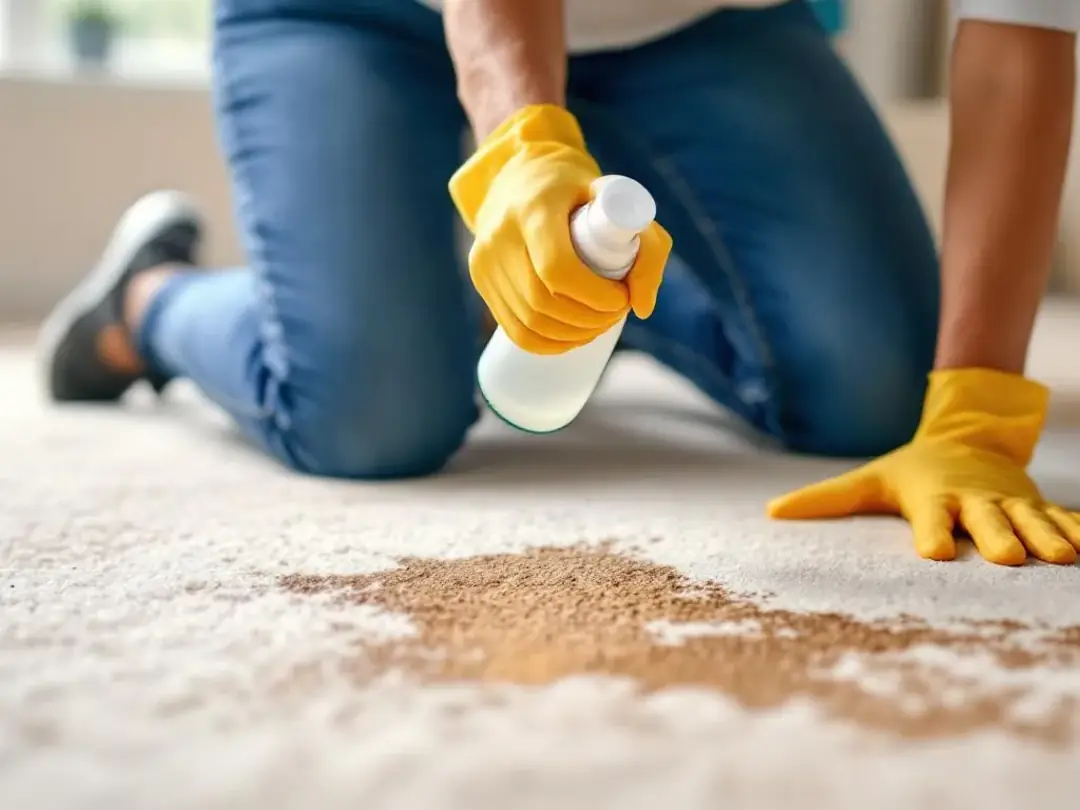 A pet owner is wearing rubber gloves and using an enzymatic cleaner to clean a carpet, likely due to a recent accident...