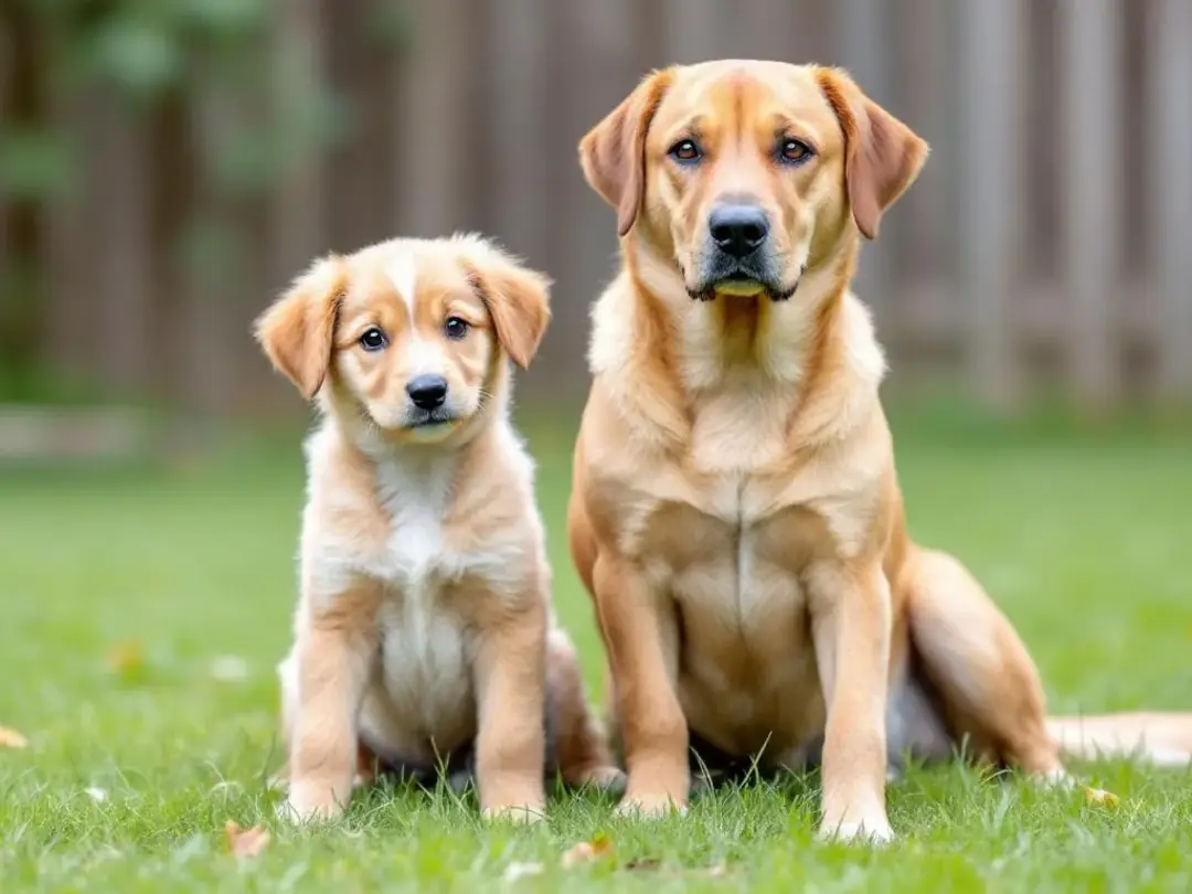 In the image, a young puppy and an adult dog sit side by side in a yard, showcasing the difference in size and maturity...