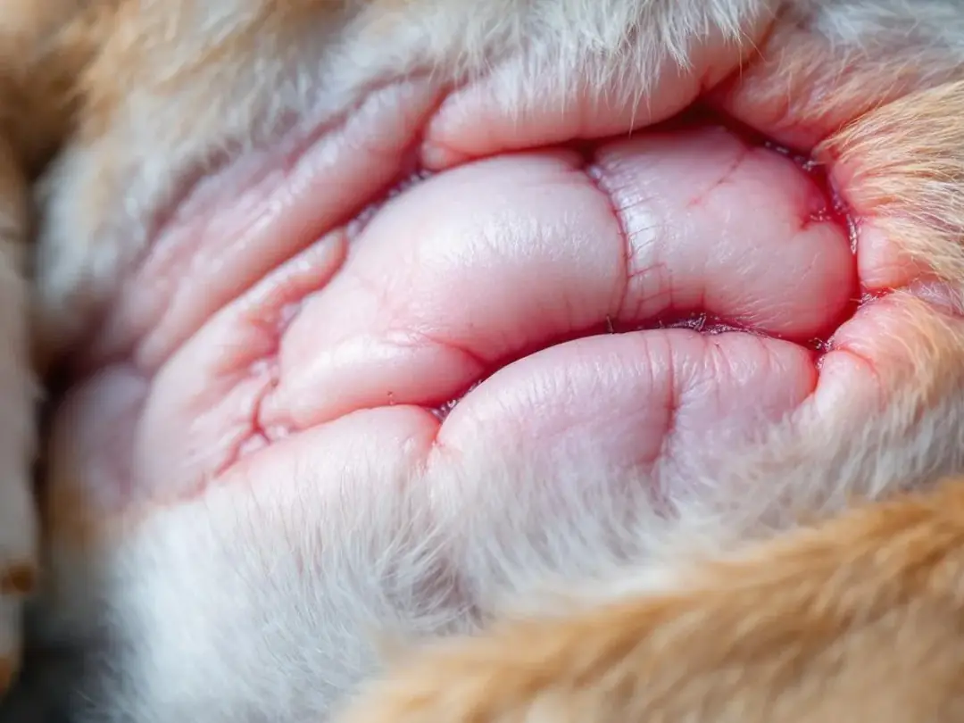 The image shows a close-up view of a dog's healing surgical incision with neat sutures, indicating the careful work of...