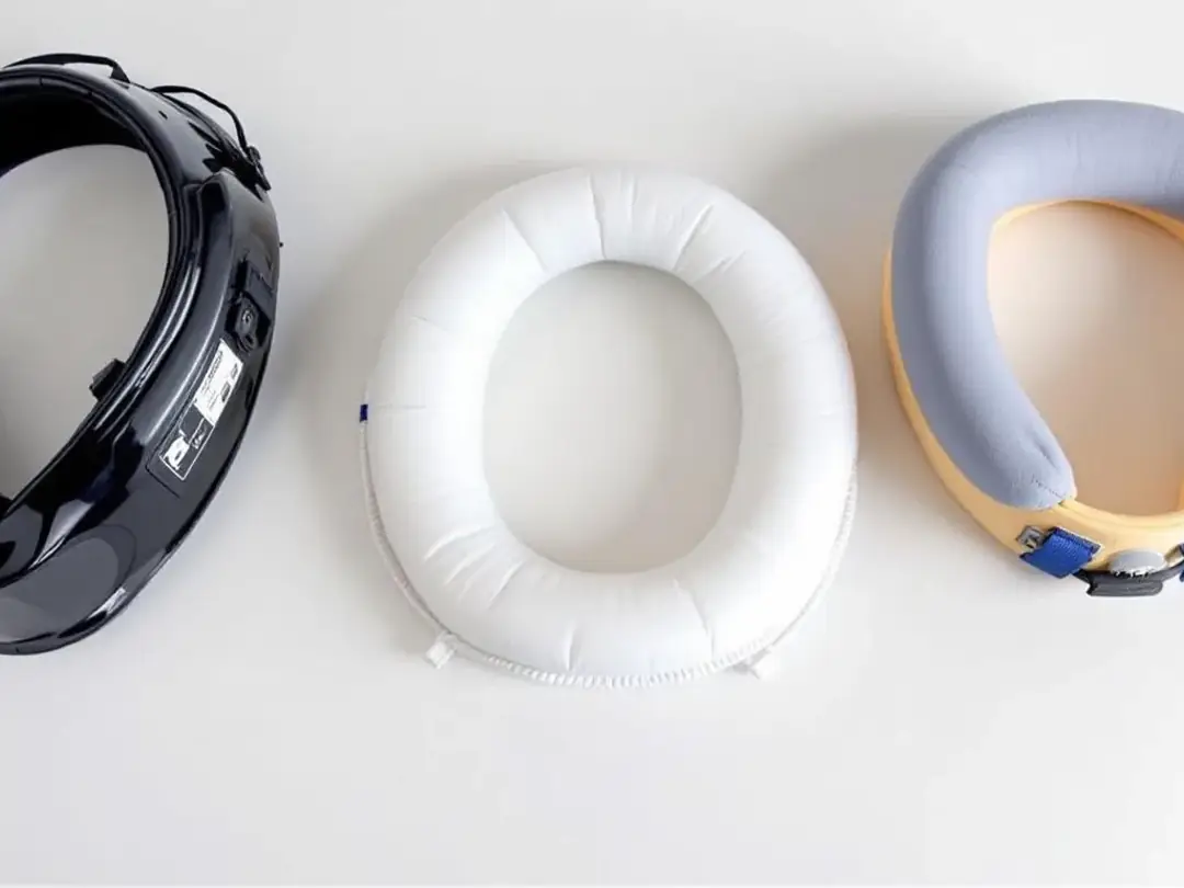 The image displays various types of protective collars for pets, including an Elizabethan collar, an inflatable collar...