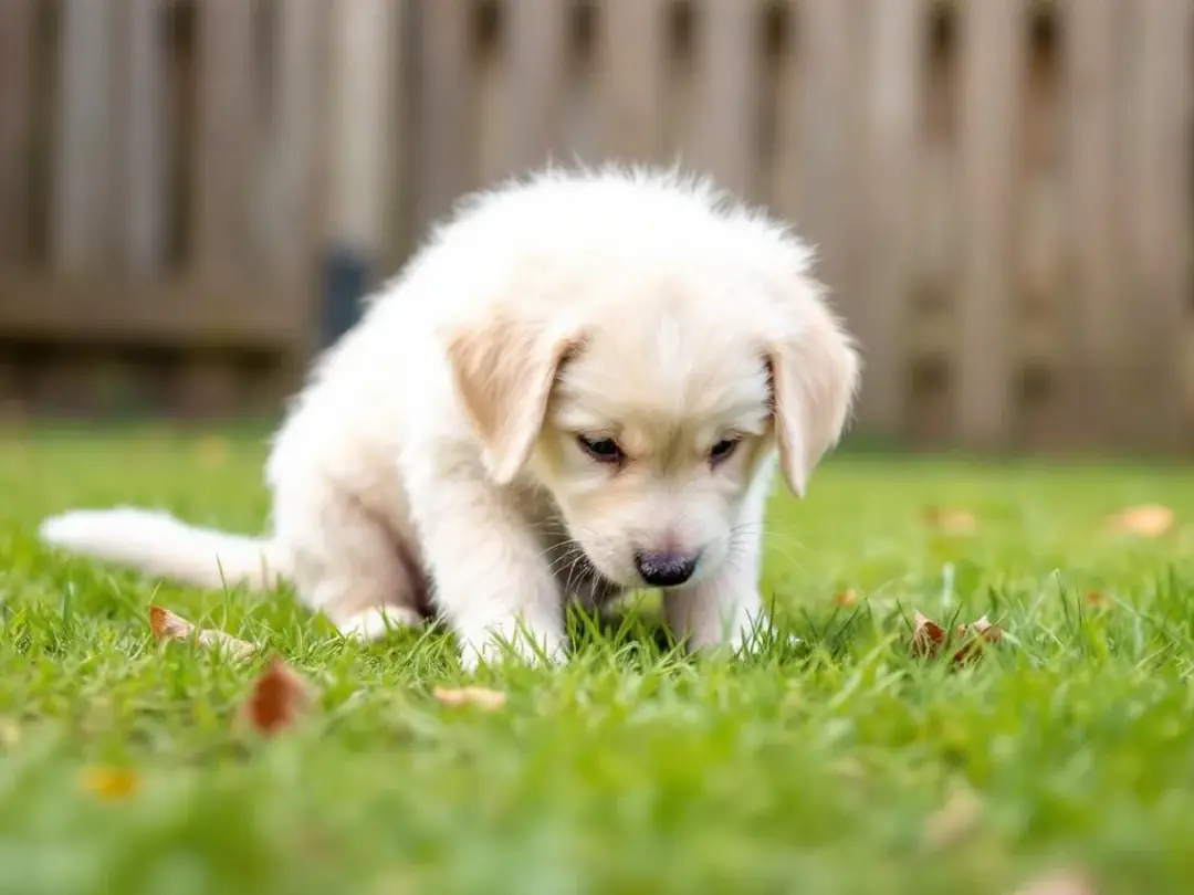 A young puppy is sniffing the ground in a yard, displaying typical pre-elimination behavior as it prepares to go potty...