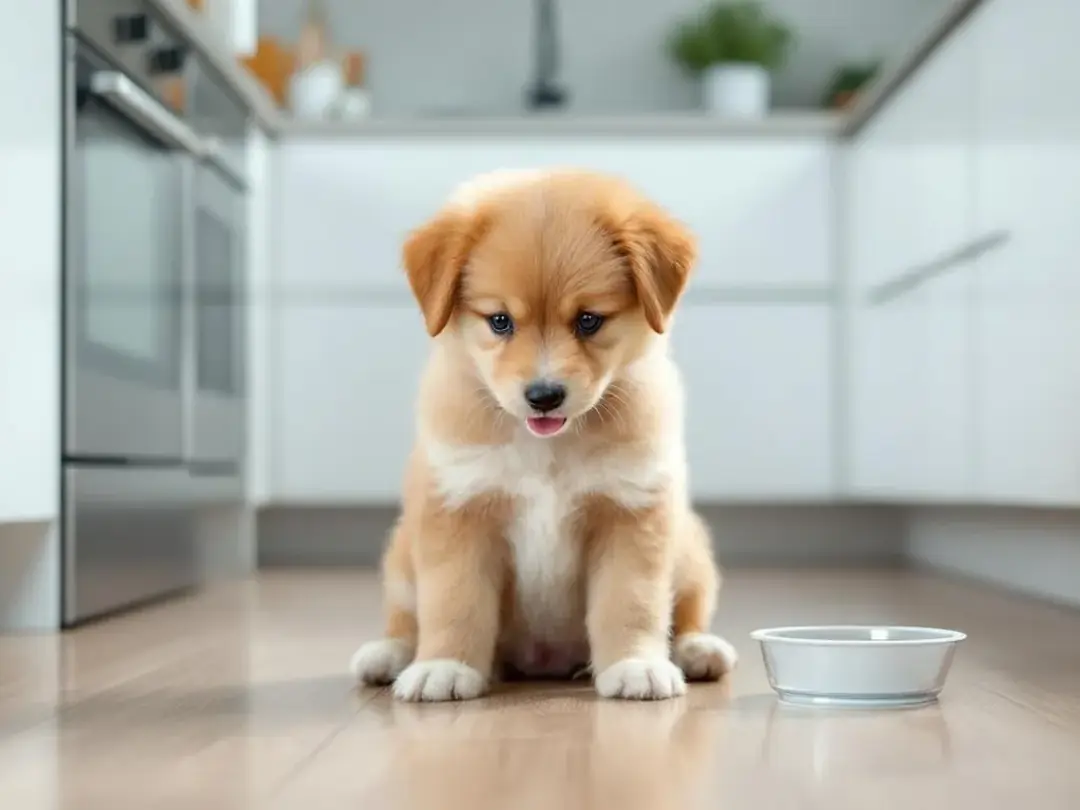 A young puppy is happily eating from a bowl on the floor next to a water dish in a clean kitchen setting, illustrating...