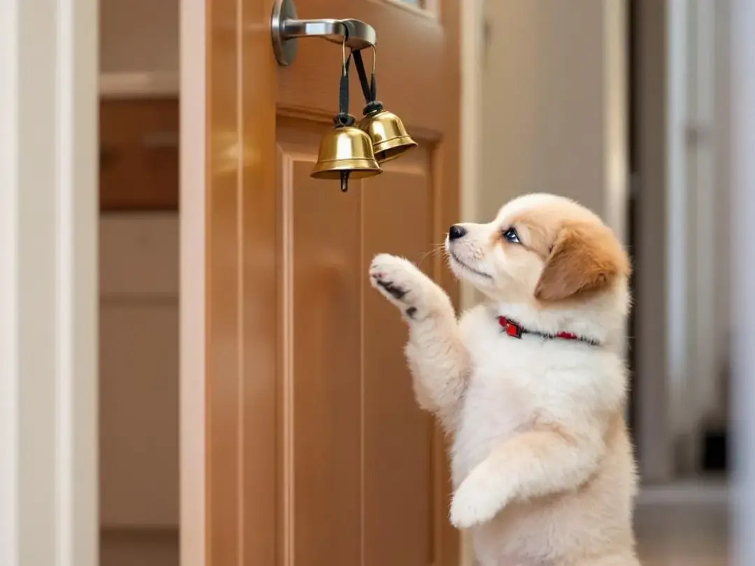 A young puppy is learning to ring bells that are hanging by a door, which is an effective tool for potty training and...