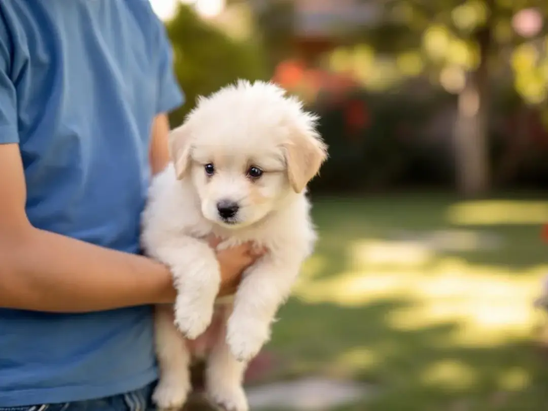 A small puppy is being gently carried by a person while exploring a vibrant dog park, surrounded by new sights, sounds...