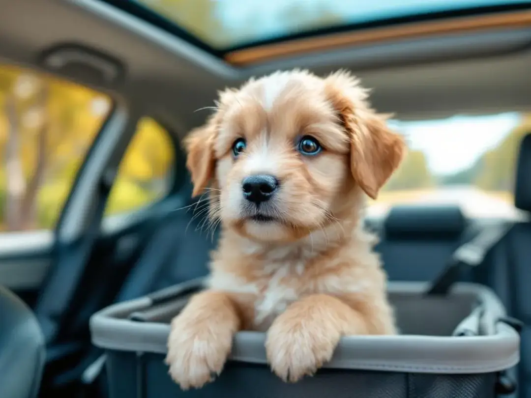 A cute puppy is safely secured in a car, peering out the window with curiosity, ready to explore the wide world beyond...