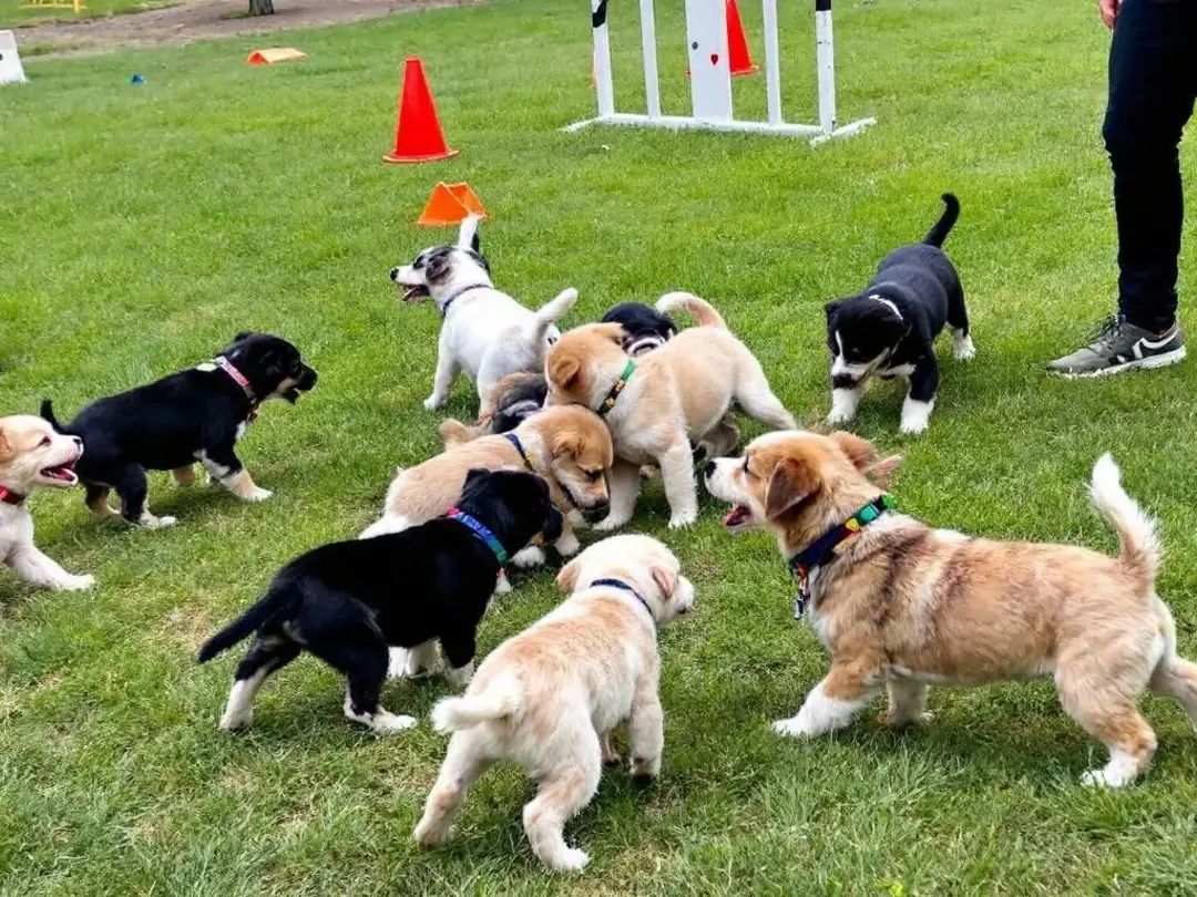 In a supervised training class setting, several playful puppies are engaging with each other, showcasing their social...