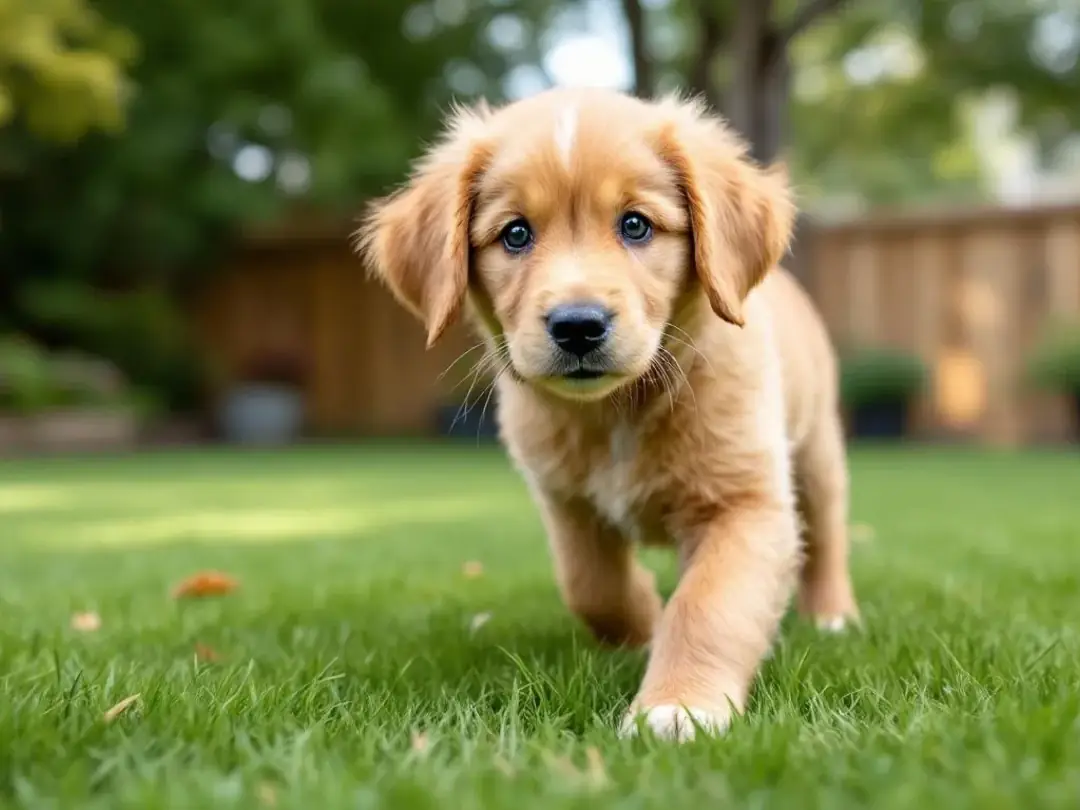 A confident puppy is calmly exploring a vibrant dog park, taking in new sights, sounds, and smells while interacting...