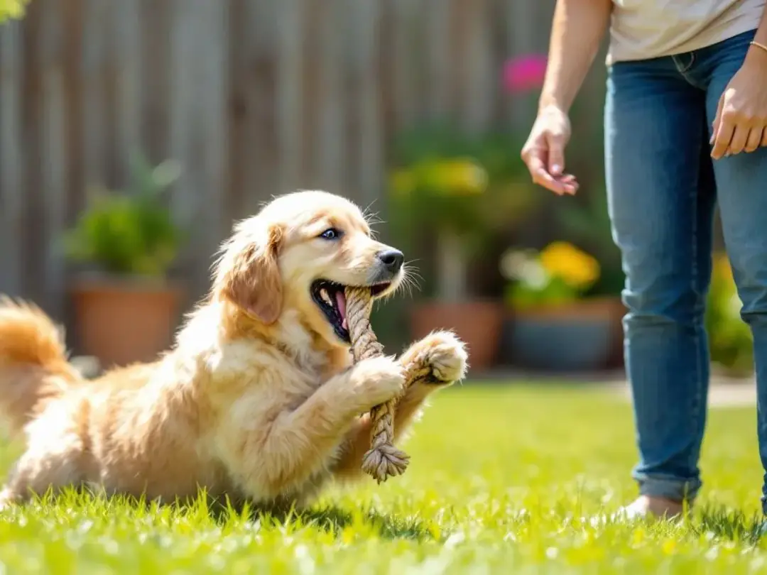 A joyful puppy is energetically playing with a rope toy, while its owner watches with an approving smile. This scene...