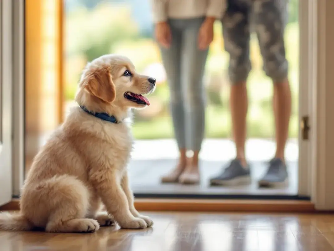 A calm puppy sits at the door, happily greeting a family member, showcasing good behavior and training. This moment...
