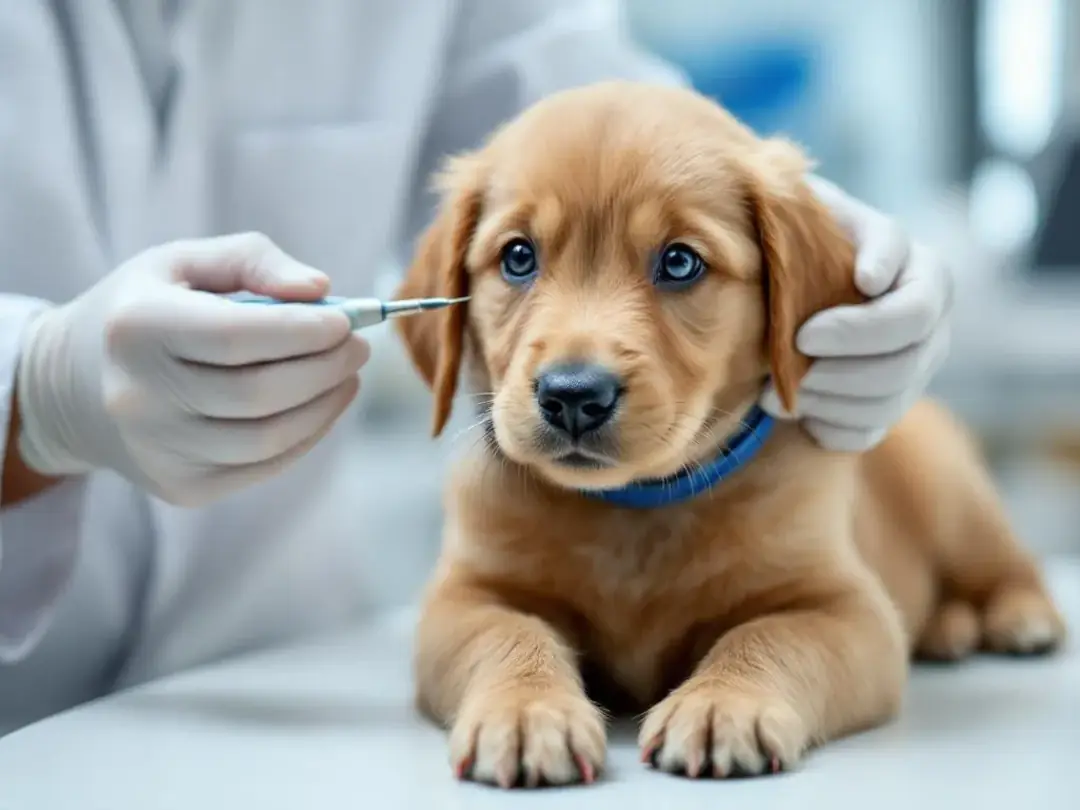 A young puppy is being gently examined by a veterinarian during its first checkup at the vet's office, ensuring proper...